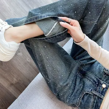 2024 Narrow Wide-Leg Jeans Women's Loose High Waist Straight Pants Autumn Niche Design Personality Rhinestone Mop Pants 1