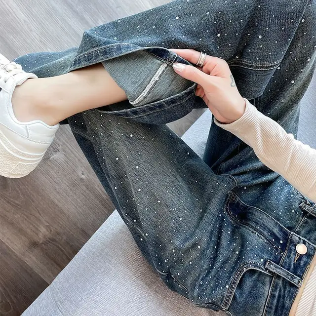 2024 Narrow Wide-Leg Jeans Women's Loose High Waist Straight Pants Autumn Niche Design Personality Rhinestone Mop Pants 1