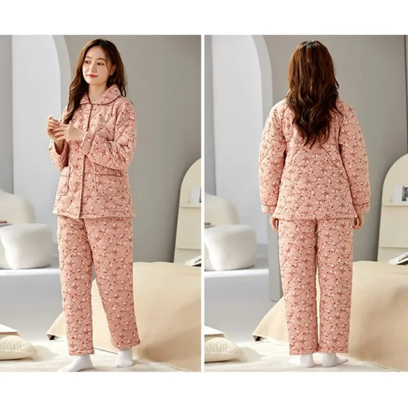 Winter New Women Pajamas Female Pure Cotton Three-Layer Quilted Thickened Warm Loungewear Large Size Thermal Nightclothes Suit