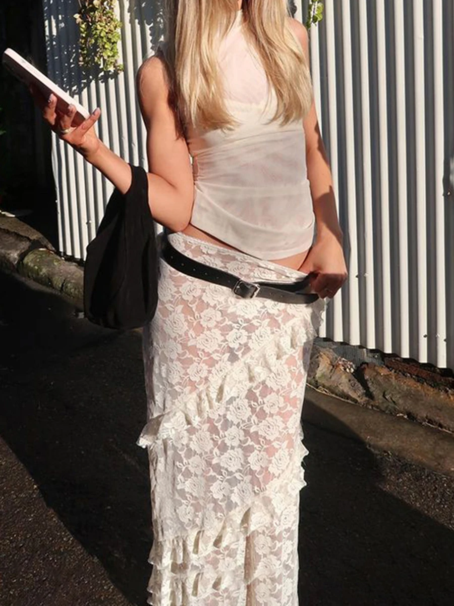 

Kimydreama Women Causal Ruffled Midi Skirt Mid-Waist Sheer Mesh Lace Flower Jacquard Slim Fit Long Skirt Streetwear