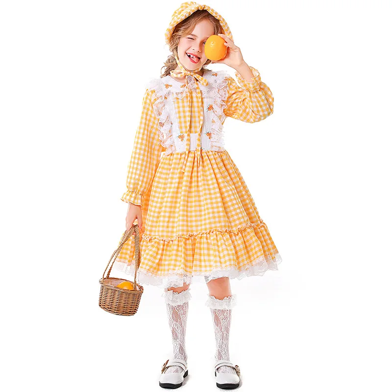 

Yellow Plaid Floral Colonial Girl Costume Prairie Pilgrim Farm Personality Photo Costume