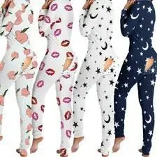 Women Home Wear Jumpsuit Printed Button-type Button-flip Adult Pajamas Long Sleeve Overall