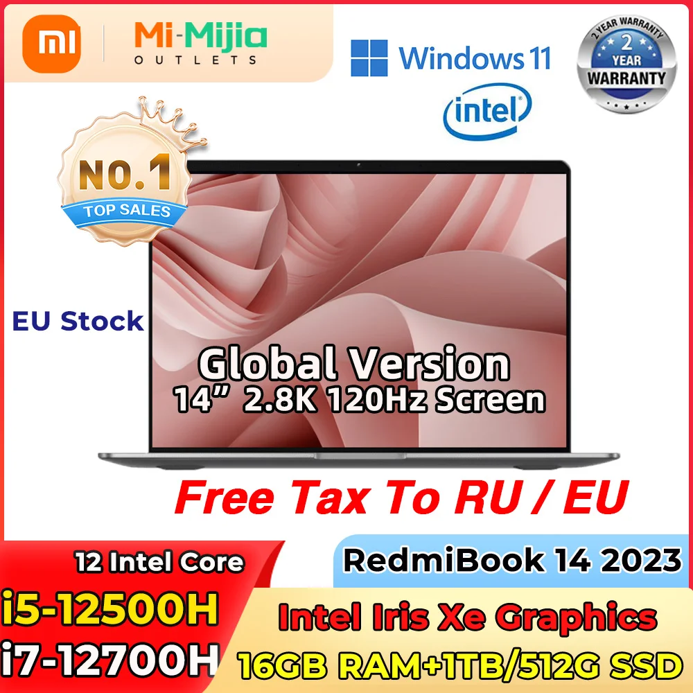 [EU Stock] 2023 Xiaomi laptop RedmiBook 14 Intel i5-12500H/i7-12700H 16G RAM 512GB/1T SSD 14-inch 2.8K 120Hz screen laptop