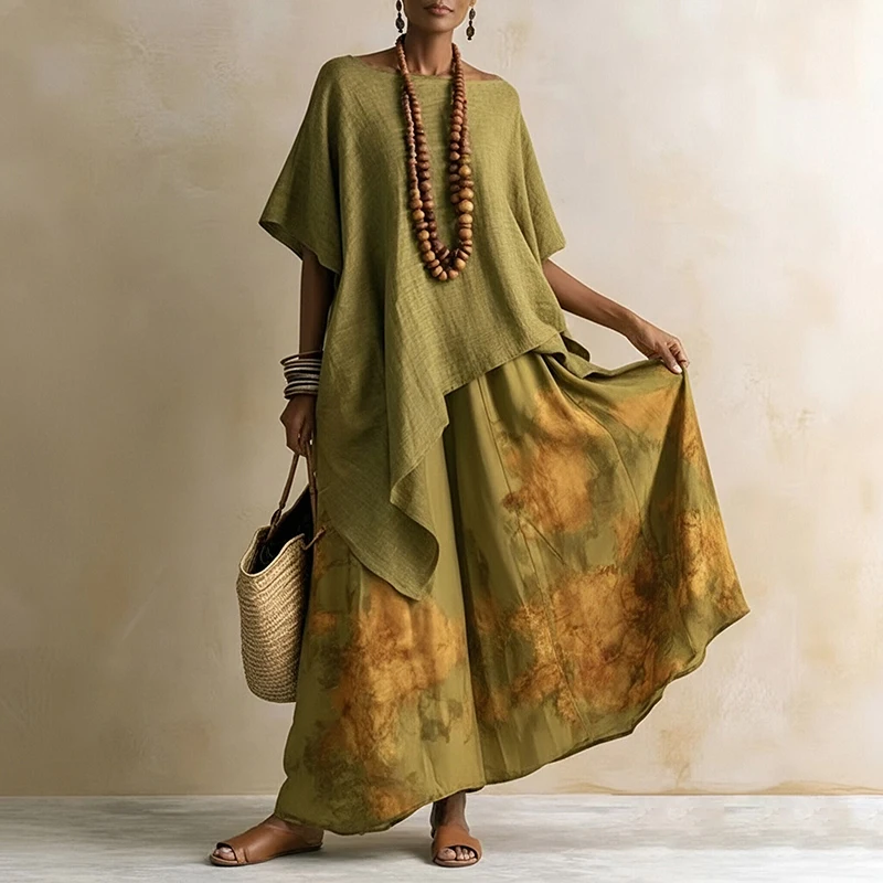 Two Piece Set Loose O-neck Batwing Short Sleeve Irregular Solid Color Extended Top Printed Wide Leg Pants Suit Fashion Matching