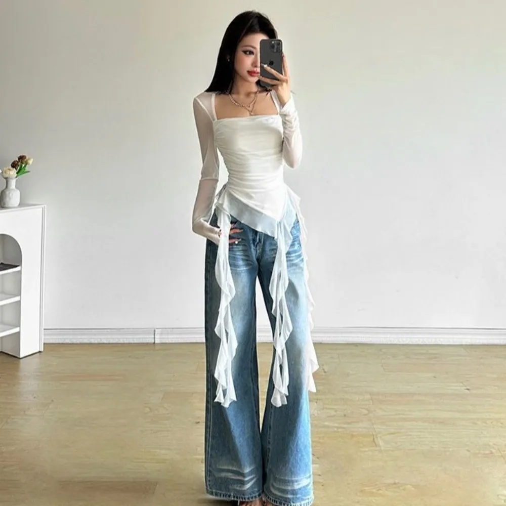 Streetwear Jellyfish Mesh Belt T-Shirt Elf Long Sleeve Pleated Collar Slim Fit Crop Tops Transparent Irregular