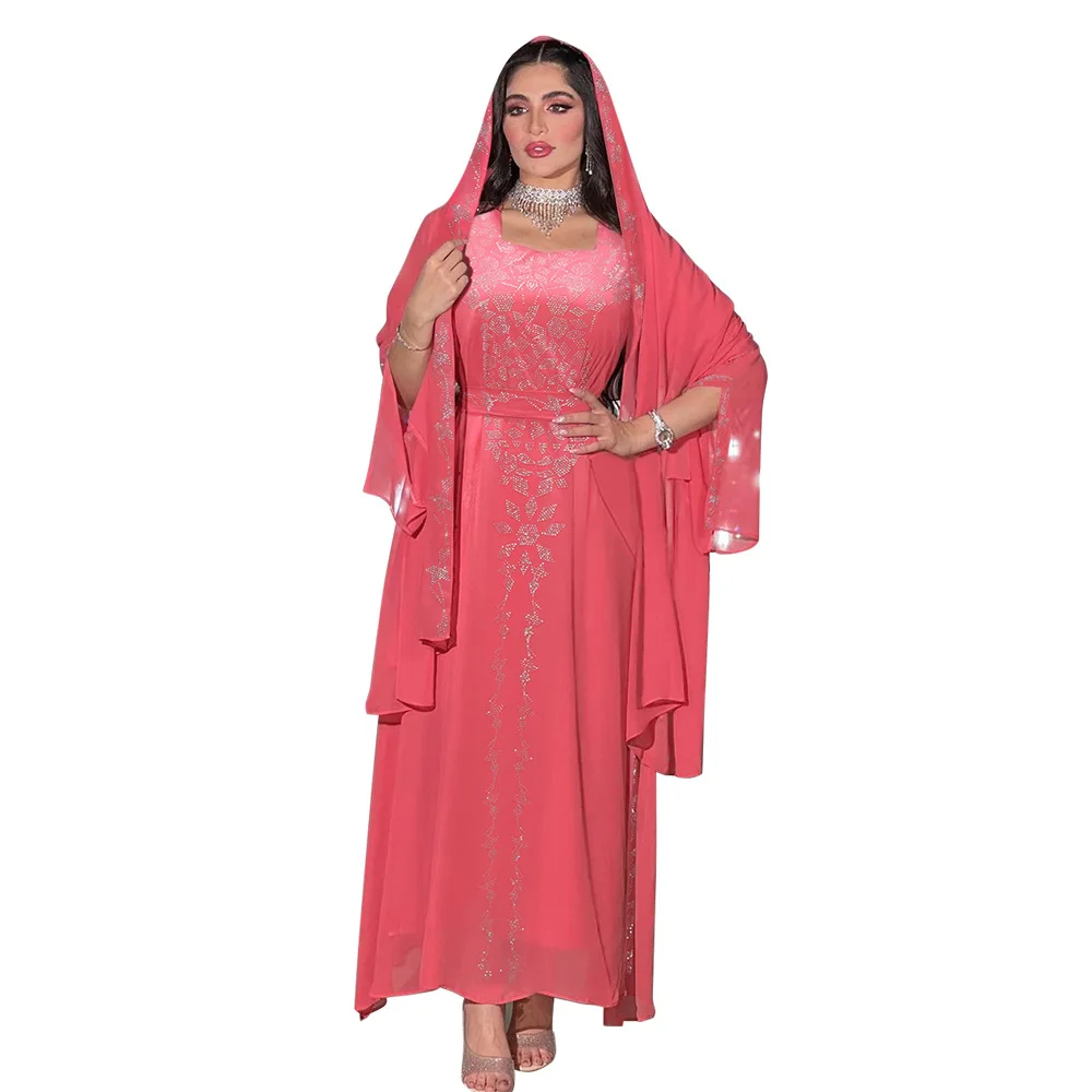 Summer 2023 Autumn Elegant Muslim Long Sleeve V-neck Pink Purple Long Abaya Muslim Fashion Dress Abaya Dress With Headscarf