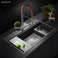 อ่างล้างจานมัลติฟังก์ชั่นสแตนเลส ASRAS 304 พร้อมอ่างล้างจานสีเทานาโนขั้นบันไดสองชั้นและอุปกรณ์ล้างถ้วย 1