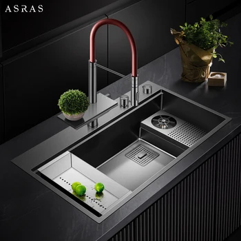 อ่างล้างจานมัลติฟังก์ชั่นสแตนเลส ASRAS 304 พร้อมอ่างล้างจานสีเทานาโนขั้นบันไดสองชั้นและอุปกรณ์ล้างถ้วย 1