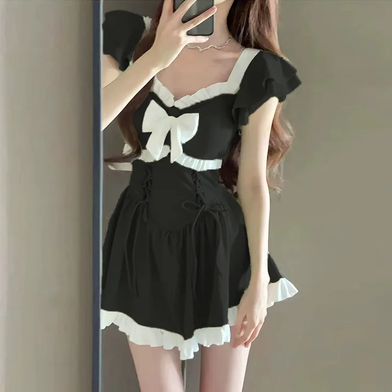 Women's One Piece Swimdress Light White Bow Ruffled Cap Sleeve Lace Up Waist Flared Skirt Summer Beach Bathing Suit Swimwear 2