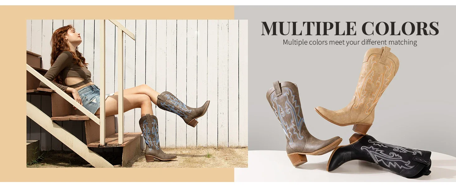 womens western cowboy cowgirl boots mid calf embroidered pointed toe pull on chunky heel boots