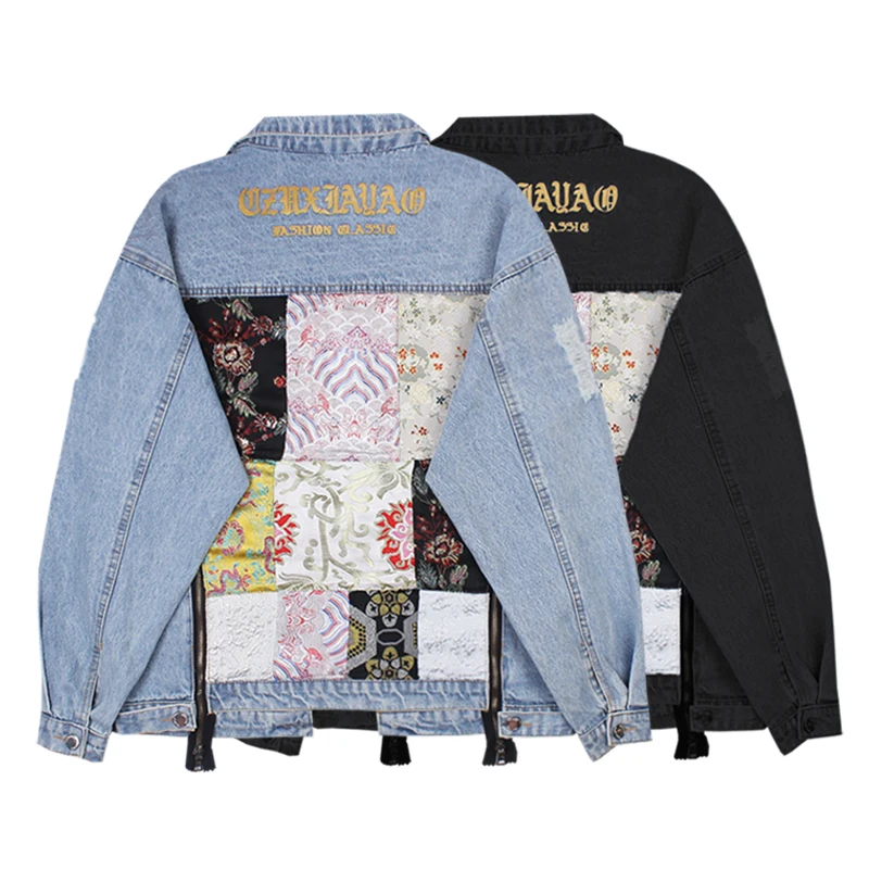 

Autumn Fashion Zipper Patch Jacquard Embroidery Women Denim Coat Casual Couple Outfit Lapel Long Sleeve Jeans Jacket Streetwear