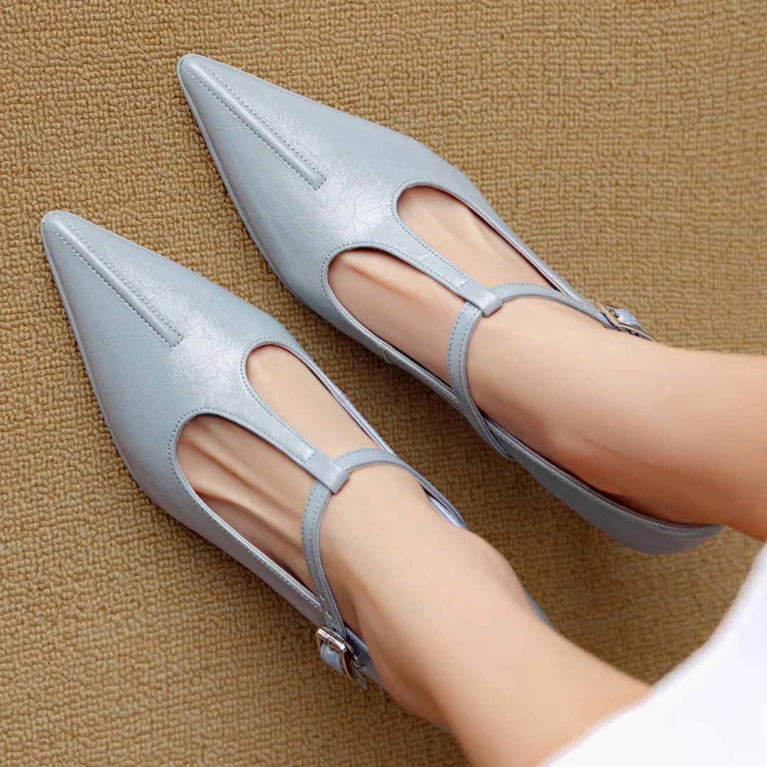 Women's genuine leather pointed toe metal buckle slip-on t-strap pumps elegant ladies 7.5cm thin high heeled daily dress shoes - view