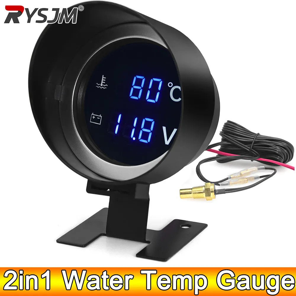 AD 2 in 1 12V 24V Round Led Digital Car Truck Water Temp Gauge Temperature Sensor Temperatura Moto Voltmeter Volt Voltage Meter automobile gauge