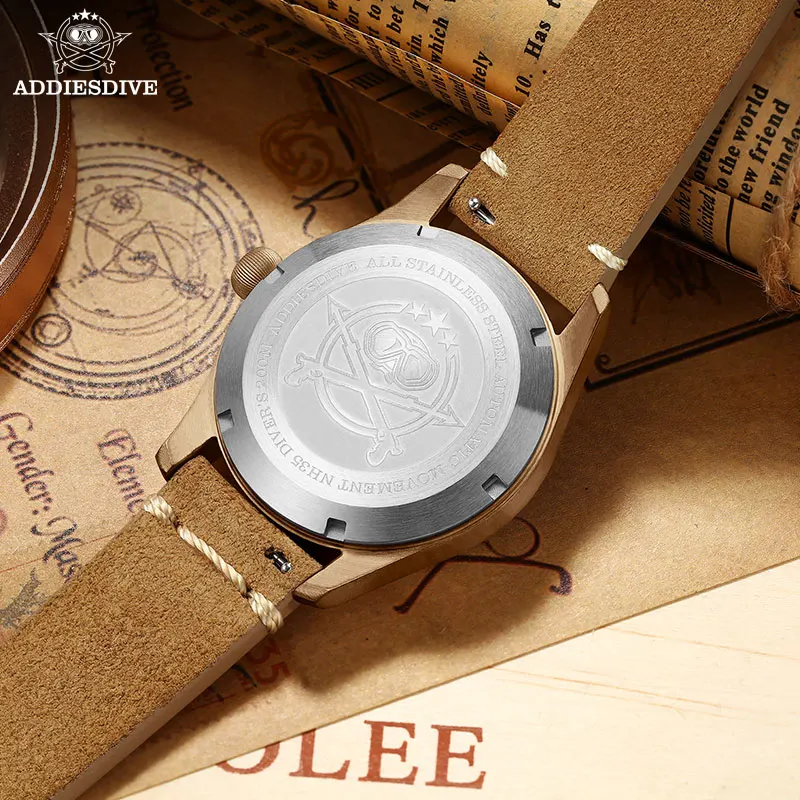 ADDIESDIVE Men's Automatic Mechanical Diver's Watches Luminous Bubble Mirror Sapphire Solid Bronze 200M Water Resistant Watch