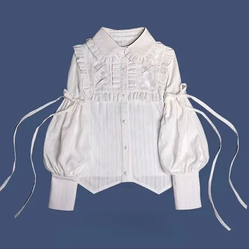 Sweet Ruffles Lolita Blouses Japanese Women Gigot Sleeve Basic Cotton Button Up Vintage Gothic Kawaii Tops