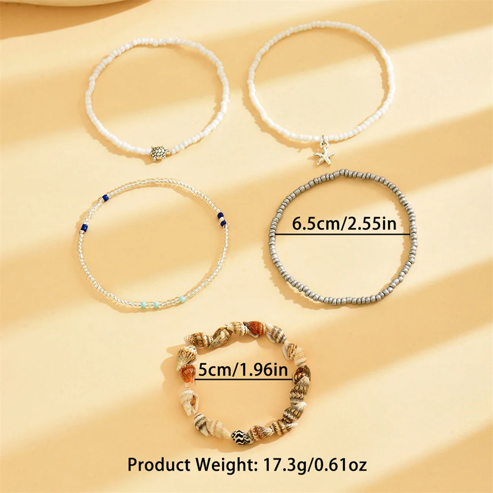 5pcs/Set Cute Sea Turtle Starfish Conch Rice Beads Anklets For Women Silver Color Foot Chain Ankle Bracelet Beach Summer Jewelry