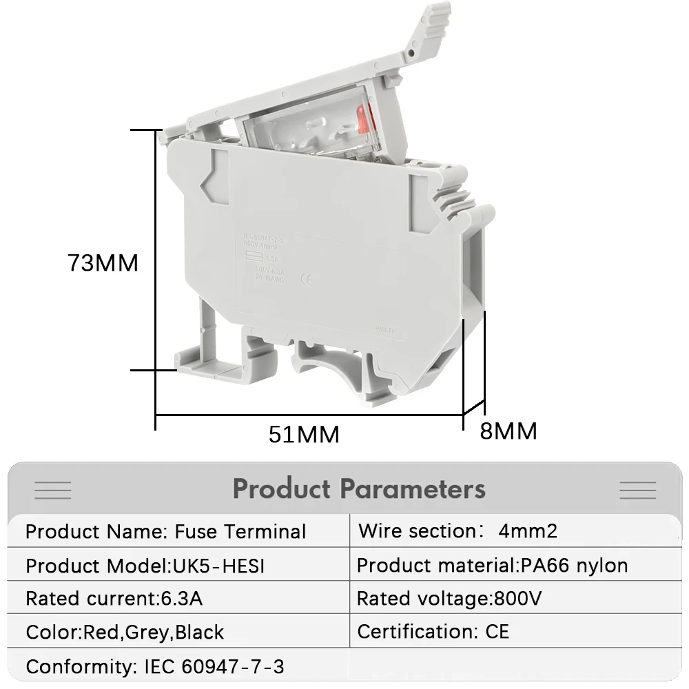 Description Picture 3 of item10Pcs/lot Din Rail Terminal Blocks UK-5-HESI Black Connector Screw Fuse Terminal Block Connector Screw Fuse Holder Conductor