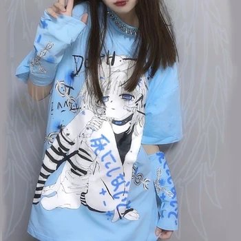 Anime Graphic T Shirts Goth Camisetas Split Sleeves Fashion Women