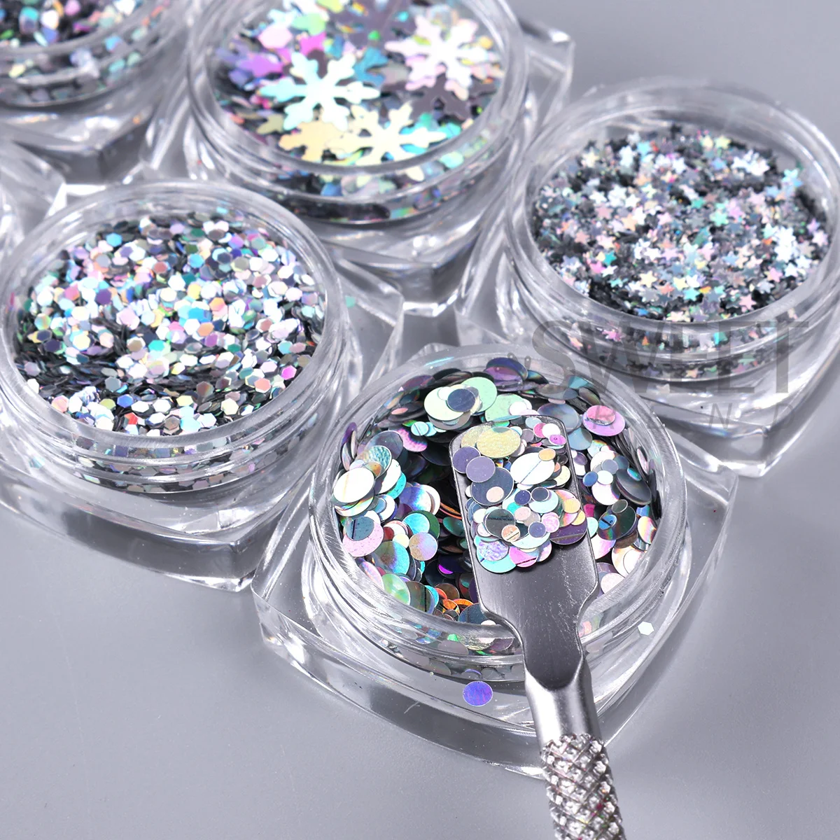 6pcs Holographic Silver Snowflakes Nail Art Sequin Mixed Star Round Hexagon Mini Heart Star Slices Spangles Laser Manicure Flash