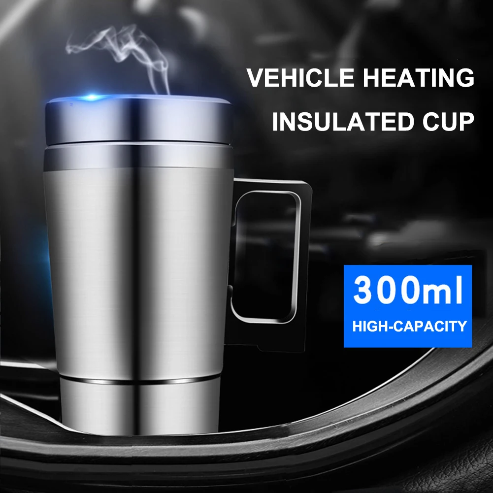 차량용 히팅컵 12V/24V 물/커피/우유 보온 머그컵 300ML 자동차 전기 히팅컵 스테인리스 스틸 여행용 전기 주전자