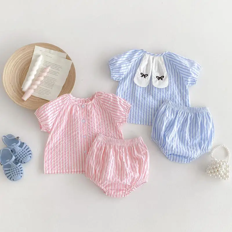 

New Summer Fashion Girl Children Striped Short Sleeve Tops+ Shorts 2pcs Infant Bow Rabbit Ears Shirt Set Kid Cotton Blouses Suit