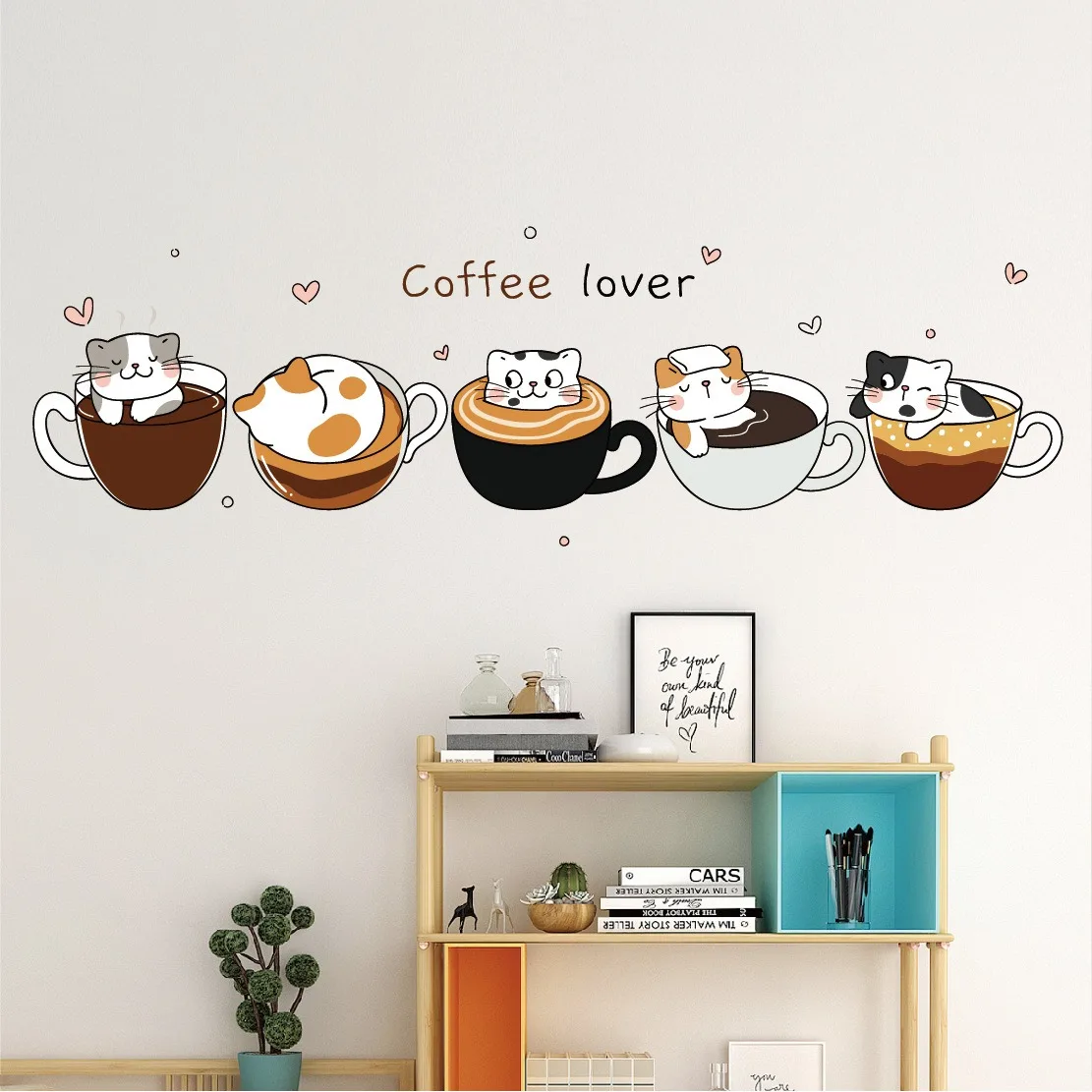 COFFEE cute cat cartoon wall stickers Restaurant living room cafe background wall decoration self-adhesive wall stickers
