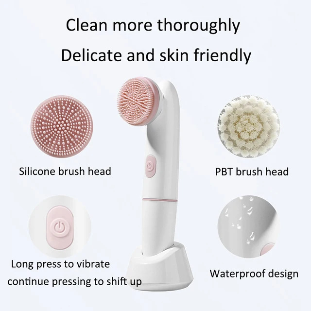 Electric Silicone Face Cleansing Brush Waterproof 2 in 1 Double Head, Sonic Vibration Facial Pore Cleaner Skincare Beauty Tool 2