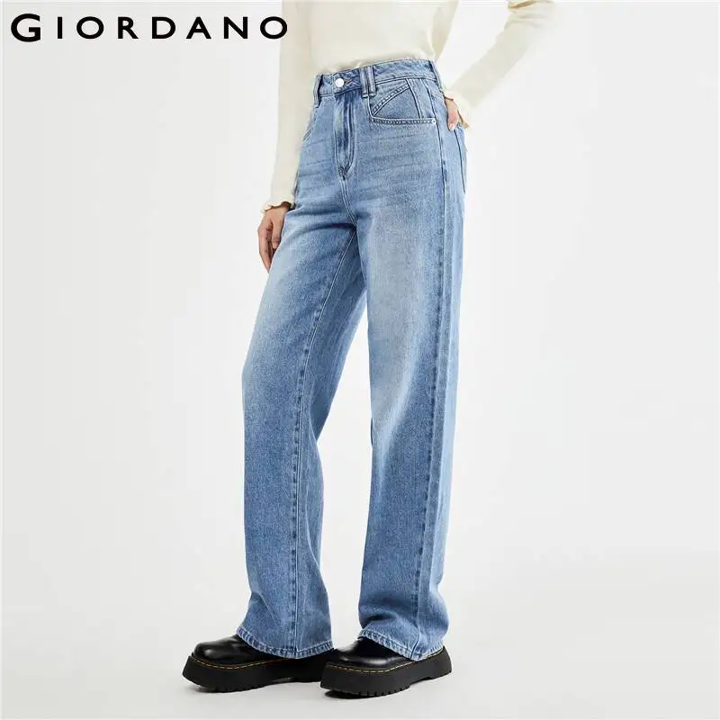 

GIORDANO Women Jeans Moustache Effect High Waist Denim Jeans Wide Leg Multi-Pocket Simple Fashion Casual Denim Pants 18413021