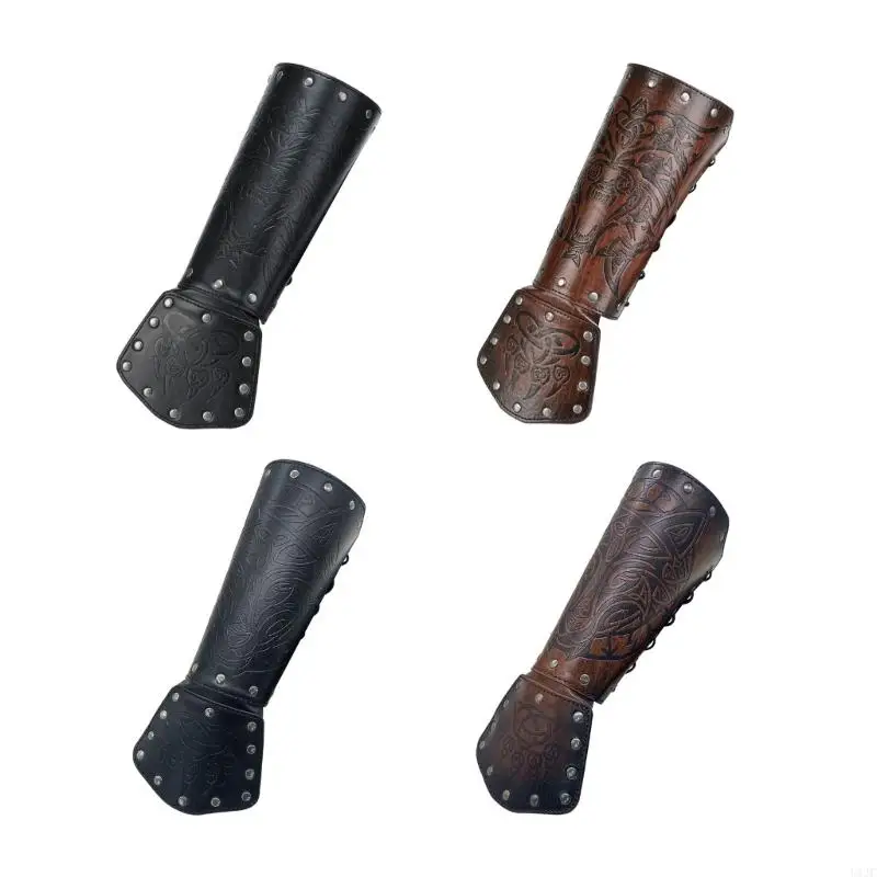 U1JC Medieval Embossed Arm Bracers PU Leather Knight Arm Gauntlets Bracer Vintage Armors Wristband Halloween-Costume