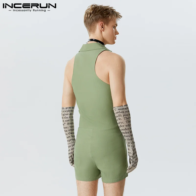 Fashion Casual Style Men Hommwear Bodysuits Tight V-neck Zipper Rompers INCERUN Solid Flat Angle Sleeveless Lapel Jumpsuit S-5XL