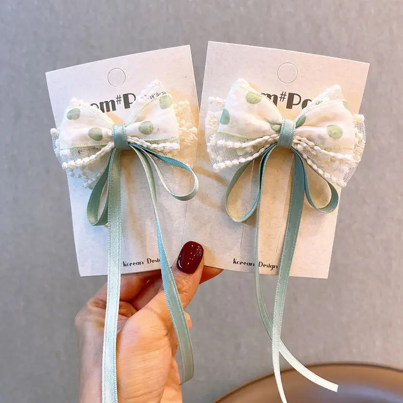 2-teiliges Haarspangen-Set für Mädchen, gepunktetes Garn, Spitze, Schleife, Band, niedlich, Kawaii, süße Haarspangen, modische Haar-Accessoires für Kinder – Detail 4