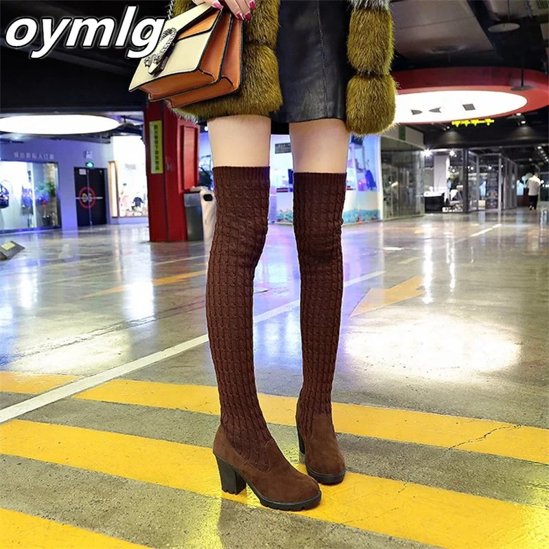 

Autumn and winter new woolen over-the-knee boots women's two wear elastic thin boots mid-heel thick-heeled round toe knight boot