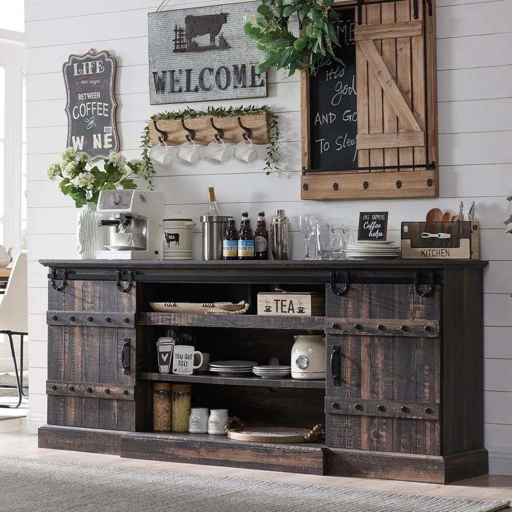75" Sideboard Buffet Cabinet with Storage, Farmhouse TV Stand w/Sliding Barn Door, Rustic Long Coffee Bar, Large Buffet Table