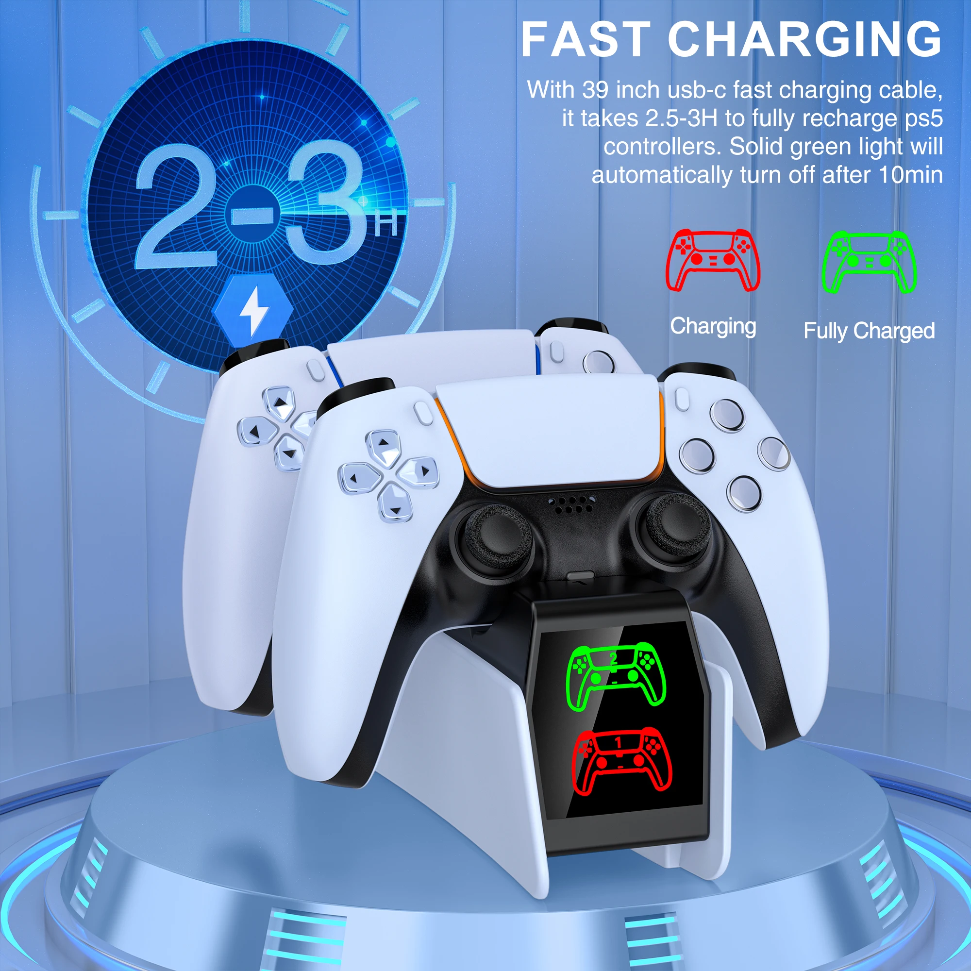 PS5 컨트롤러용 DinoFire FC304 충전 스테이션, 듀얼센스 2개용 듀얼 고속 충전 도크, 타입-C, LED 표시등, 게임용 스탠드