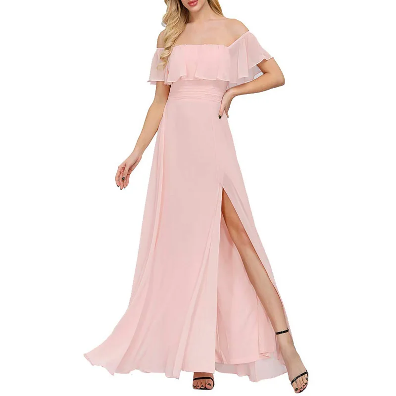 

Pink Chiffon Dress Wedding Women Off-the-shoulder A-Line with High Slit vestidos madrinha de casamento