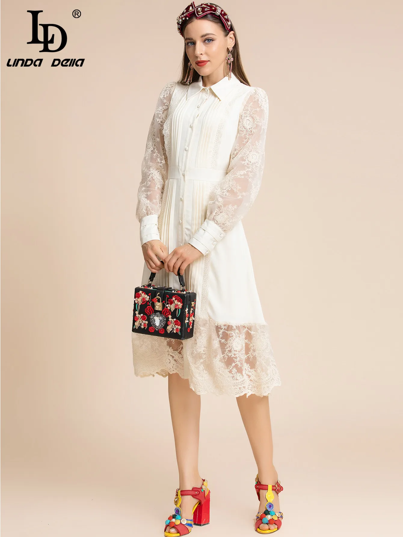 

LD LINDA DELLA модное дизайнерское осеннее платье женское однобортное платье средней длины с отложным воротником и вышивкой в винтажном стиле Вечерние платья