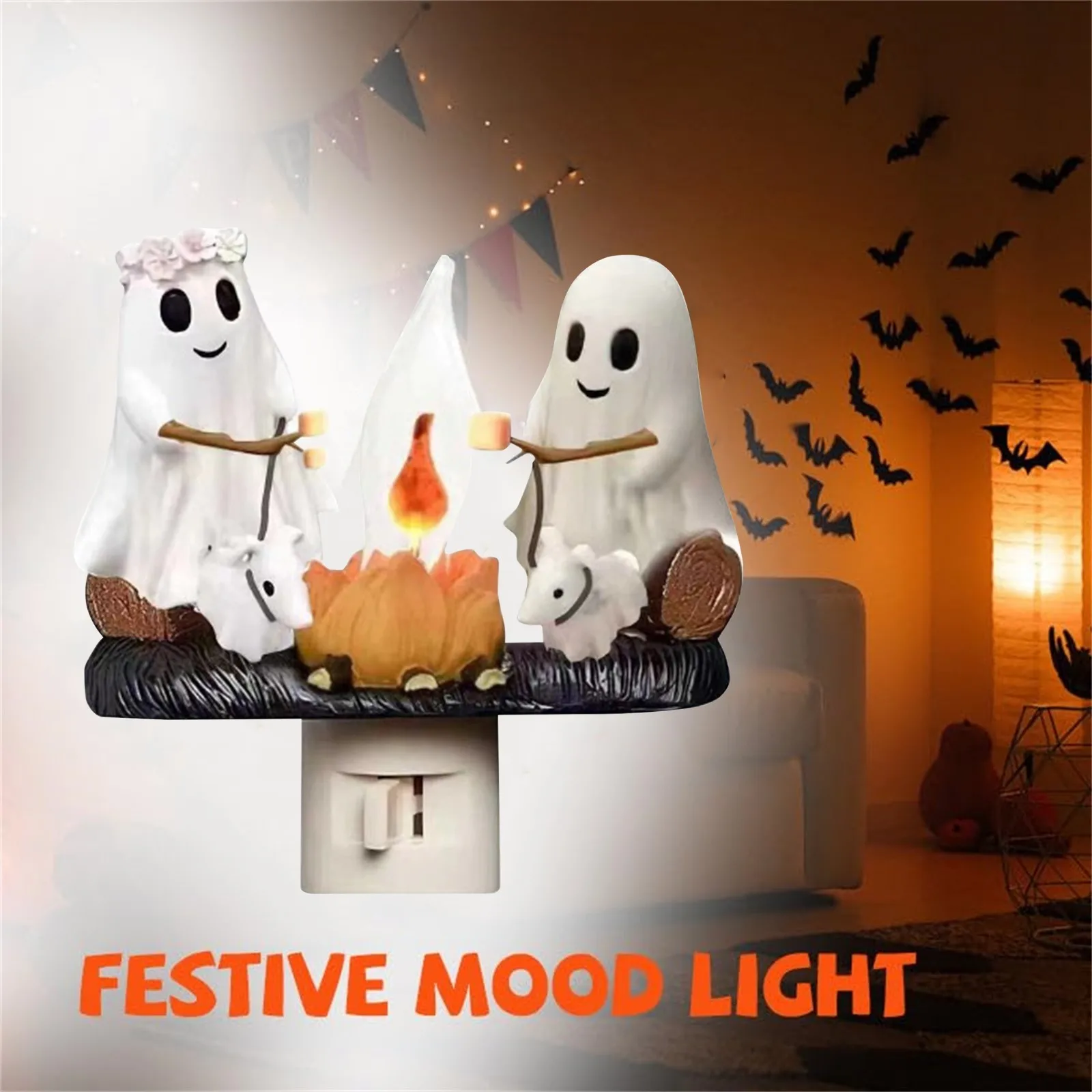 Ghost Flickering Nightlight, Led Faux Fire Ghost Lamp,Halloween Bedroom Night Light Indoor Decorations Gifts