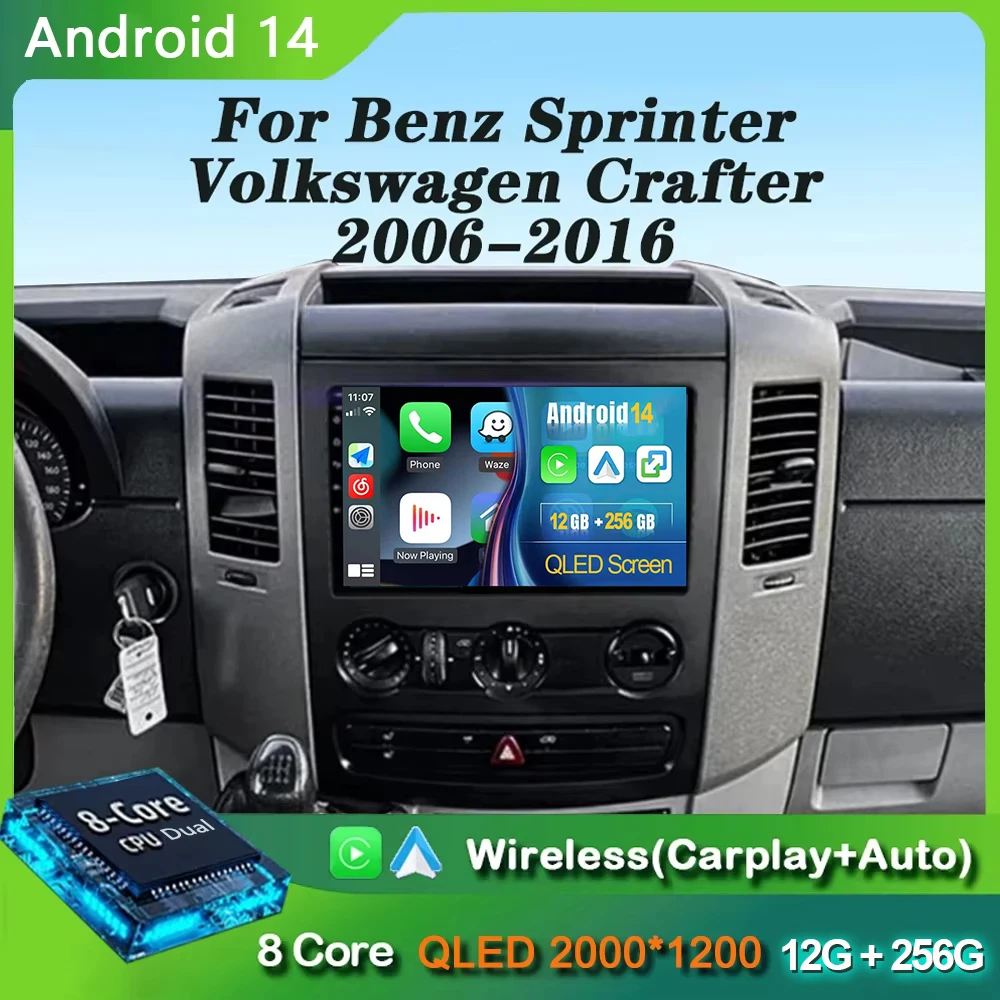 Android 14 QLED For VW Crafter For Mercedes Benz Sprinter 2006- Car Radio Android CarPlay+auto 4G+WIFI GPS Navigation DSP