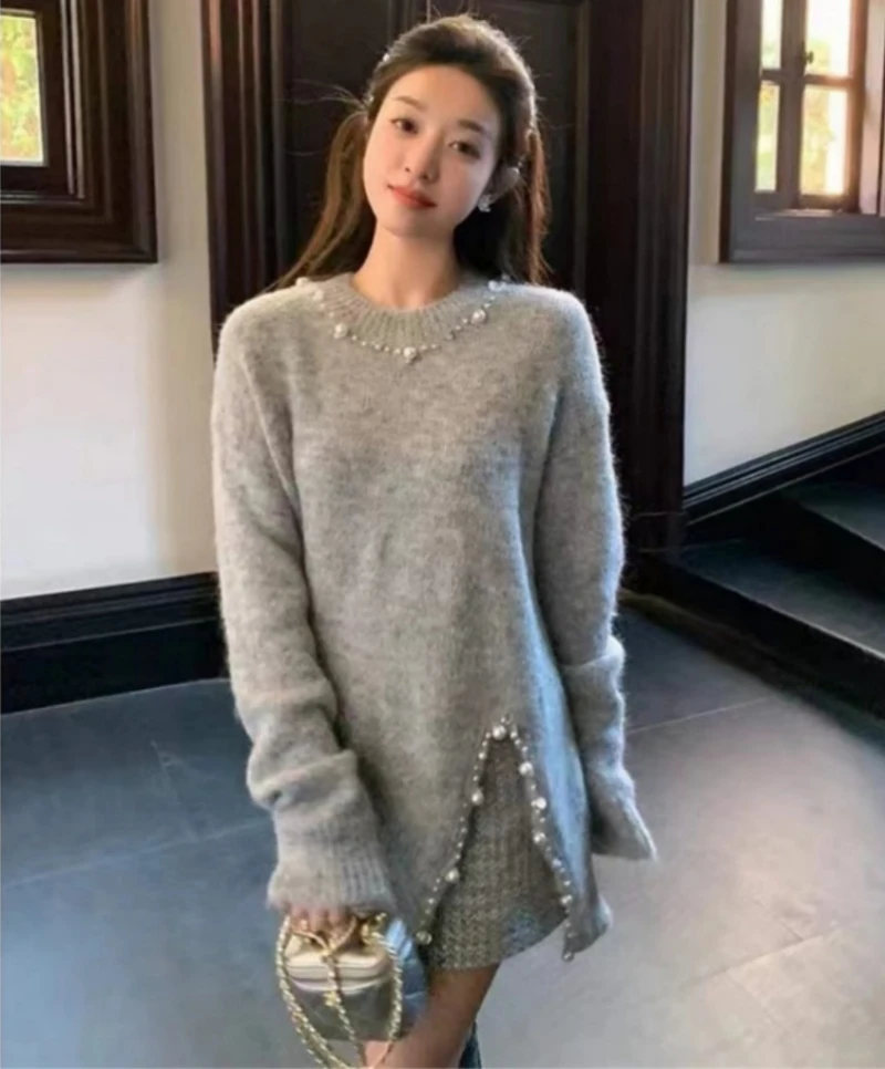 

Женский пуловер с жемчужными блестками, Свободный вязаный свитер, корейский Повседневный свитер с разрезом, весна-осень 2024