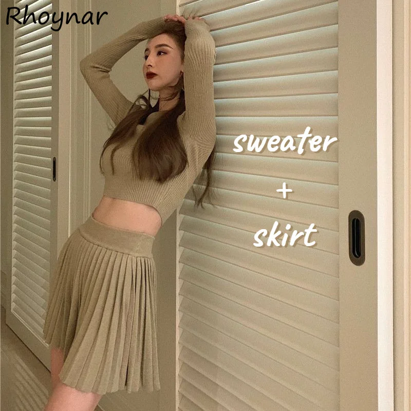 

Sets Women Korean Style Chic Schoolgirl Pleated Skirt Slim Retro Elegant Solid Crops Sweater Sexy Clubwear Holiday Femme Outfits