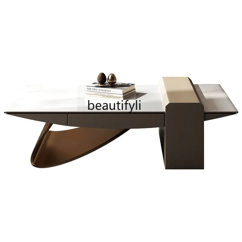 

Light Luxury Stone Plate Coffee Table TV Cabinet Combination Italian Living Room Coffee Table Rectangular High-Grade Design