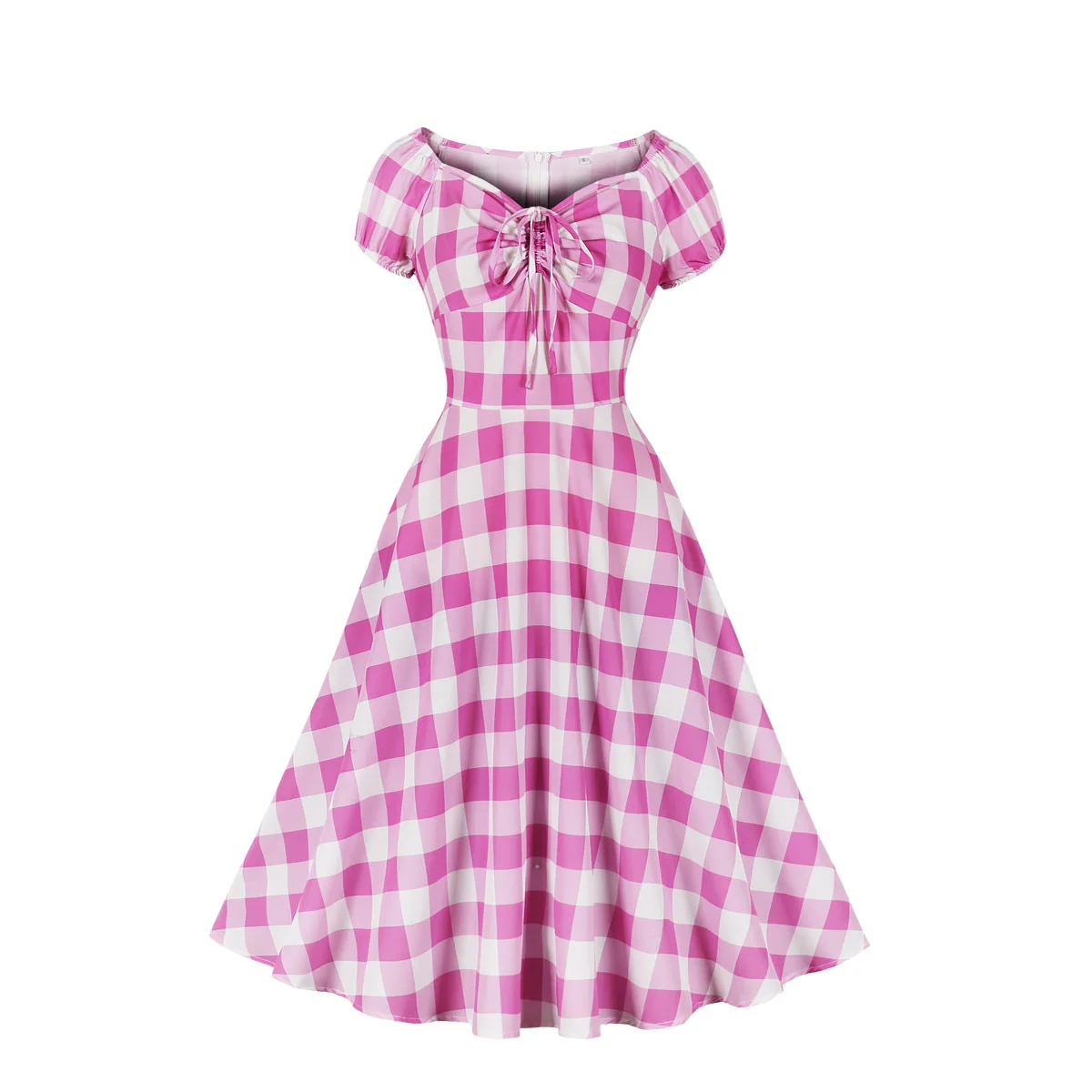 

Vintage Drawstring V-Neck Pink Plaid Print Dresses Women Summer Casual Vacation Prom Birthday Party A-Line Dress SR1409