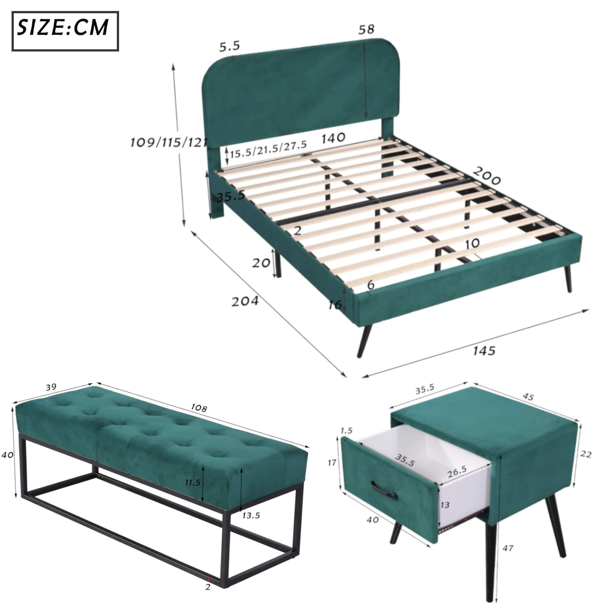 Bedroom Set Contemporary Design Double Bed 2 Bedside Tables