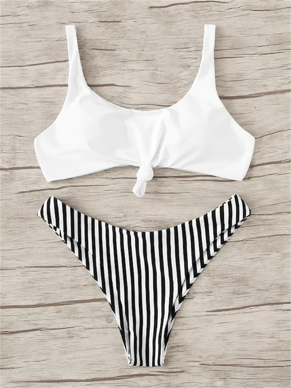 Striped Scoop Neck Bikini Set with Front Knot Top and High-Cut Bottoms — photo 5