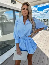 2023 New Summer Striped Sets To Dress Casual Shirts And Short Skirt Sets For Women 2 Pieces Fashion Holiday Female Outfits