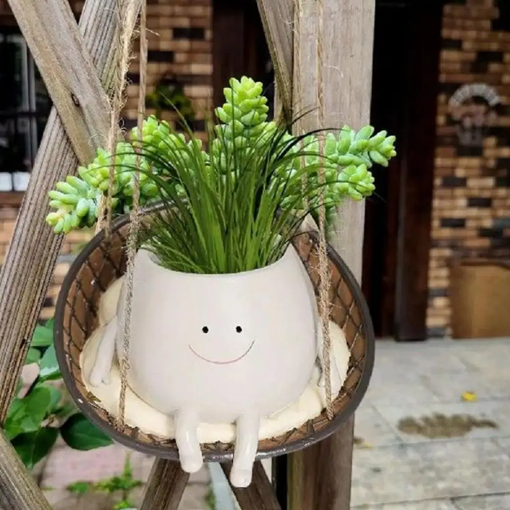 Flowerpot Planter Adorable Smiling Face Hanging Swing Chair Planter Pot For Indoor Outdoor Decor Uv-Resistant Flowerpot
