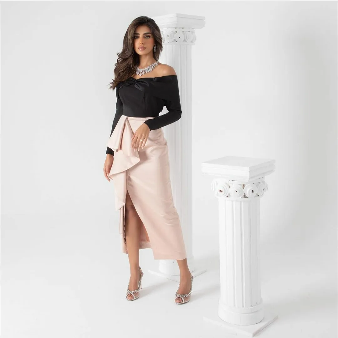 

Vintage Short Off Shoulder Satin Prom Dresses with Peplum Sheath Ankle Length Robe De Soiree Formal Party Dresses for Women