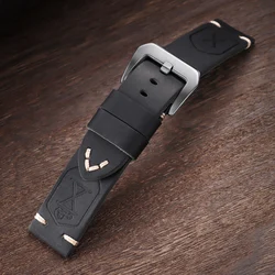 Vintage Dark Brown Handmade Cowhide Leather Watchband Strap - Soft Men's Bracelet - 26mm (Black - Silver)