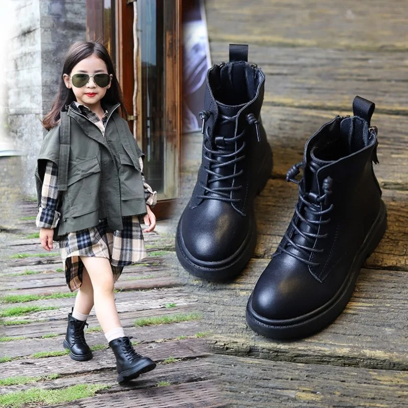 

Fall Winter Kids Modern Boots Streetwear Boy Sneaker Non-Slip Fashion Girl Buskin Motorcycle Boots Casual PU Black Leather Shoes