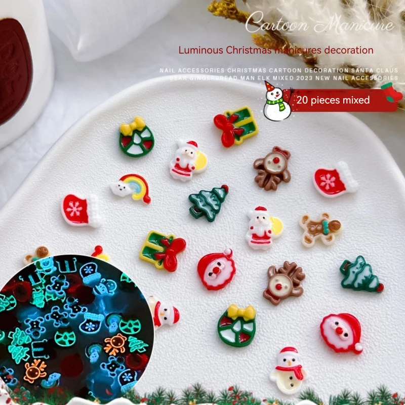 

20pcs Nail Enhancement Christmas Alloy Series Ornaments Santa Snowflake Luminous Hat Boots Nail Stickers Nails Arts